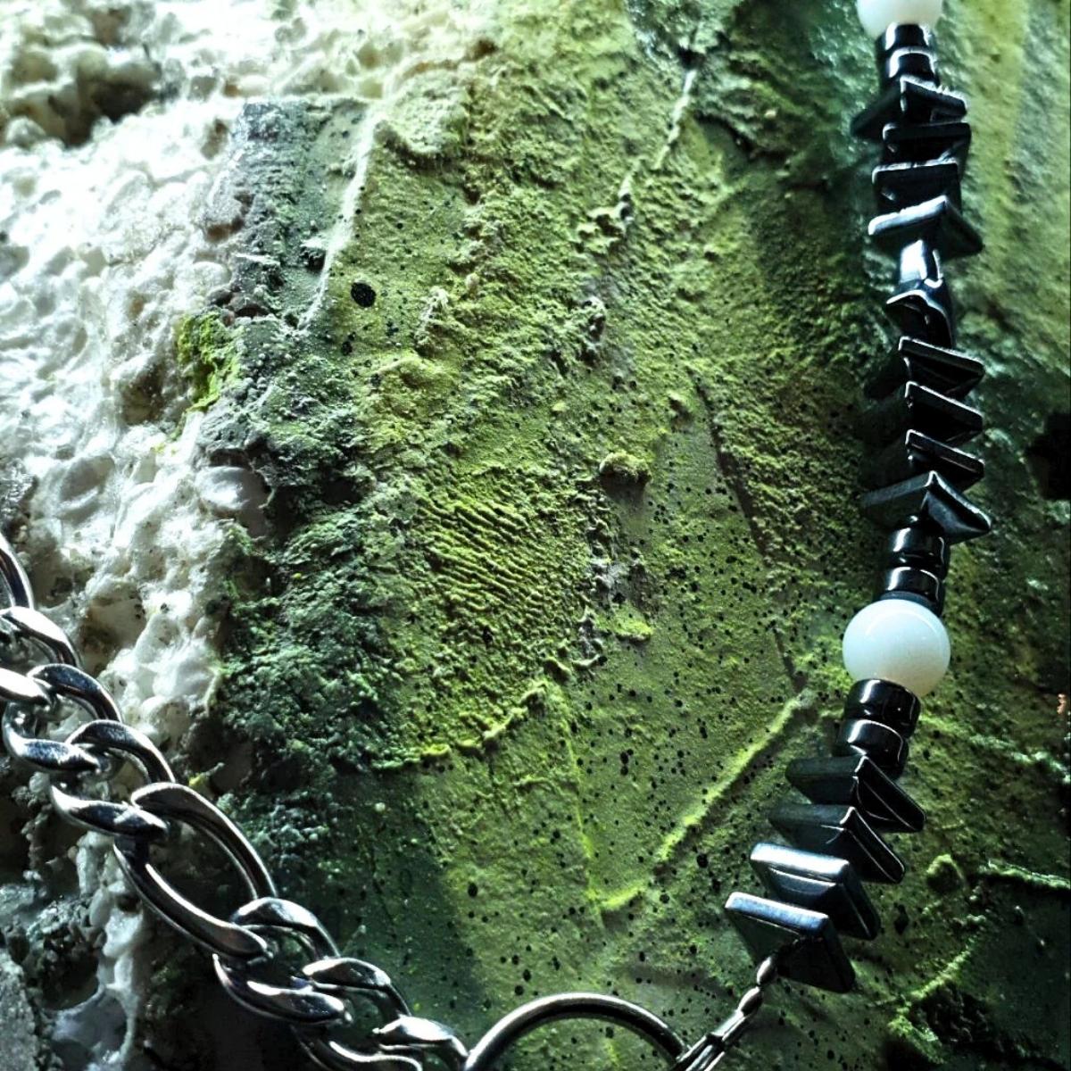 Hematite & White Glass Beads || Half Stainless Steel Chain Necklace