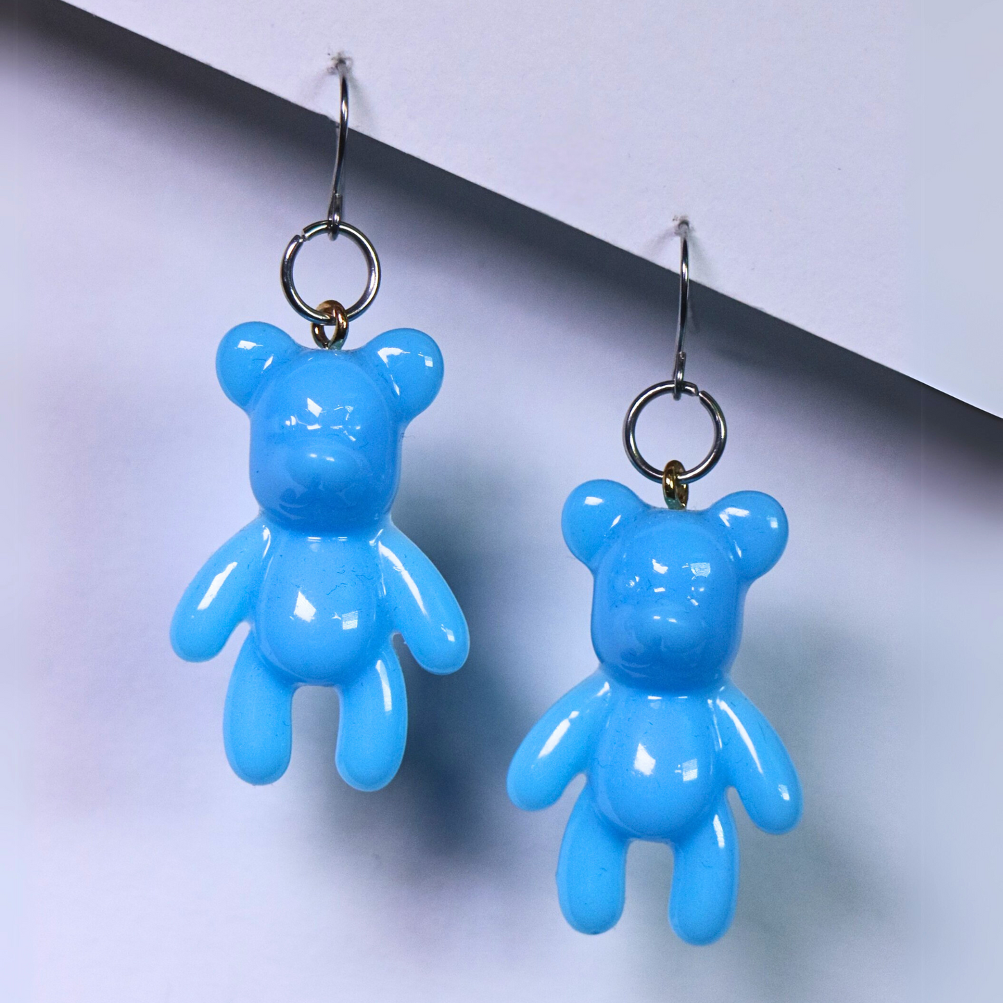 BLUE Solid color acrylic teddy bear earrings in pink, yellow, blue, and purple. Handmade drop earrings with stainless steel hooks. RAVEBOUND