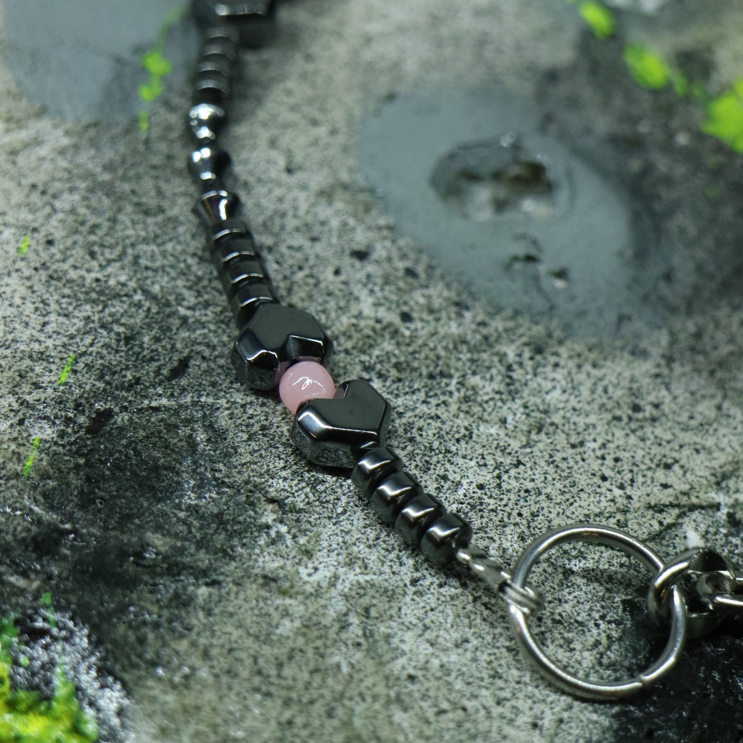 Hematite & Pink Glass || Half Chain Necklace