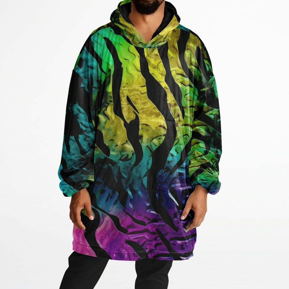 Male model front Neon Rift hoodie close-up showing color and black pattern