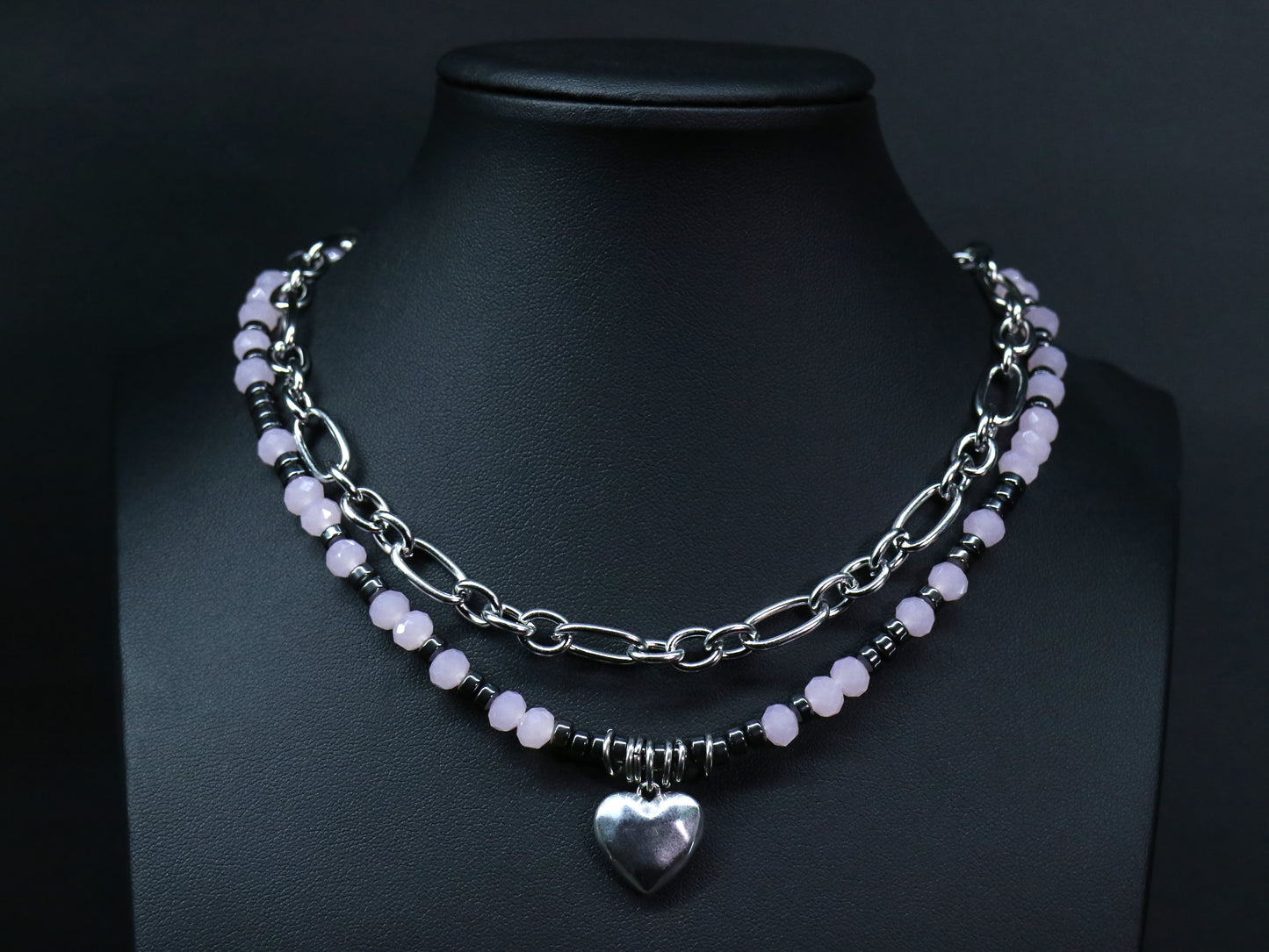 Stainless steel choker layered necklace with heart detail