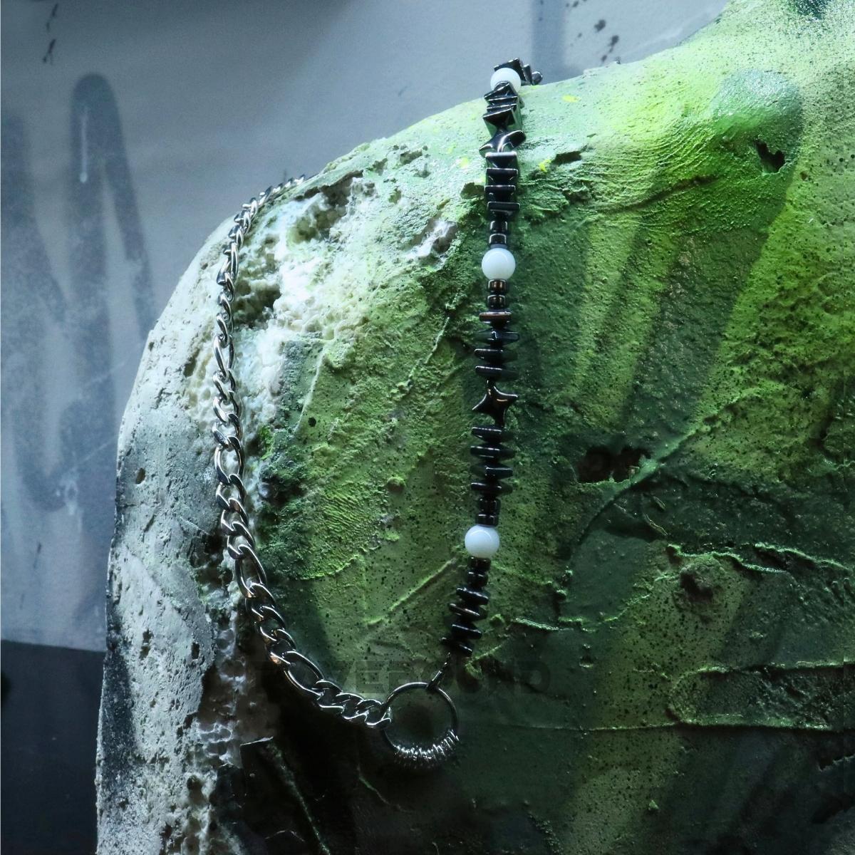 Hematite & White Glass Beads || Half Stainless Steel Chain Necklace