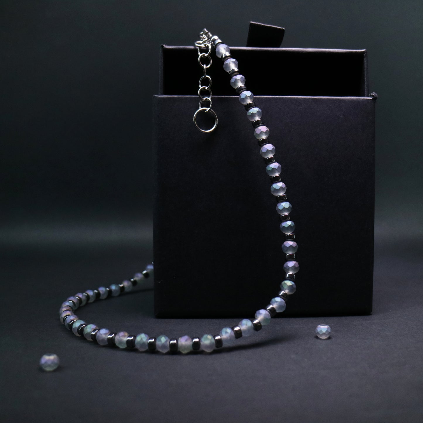 Iridescent Frost Crystal & Hematite Bead Necklace || Stainless Steel
