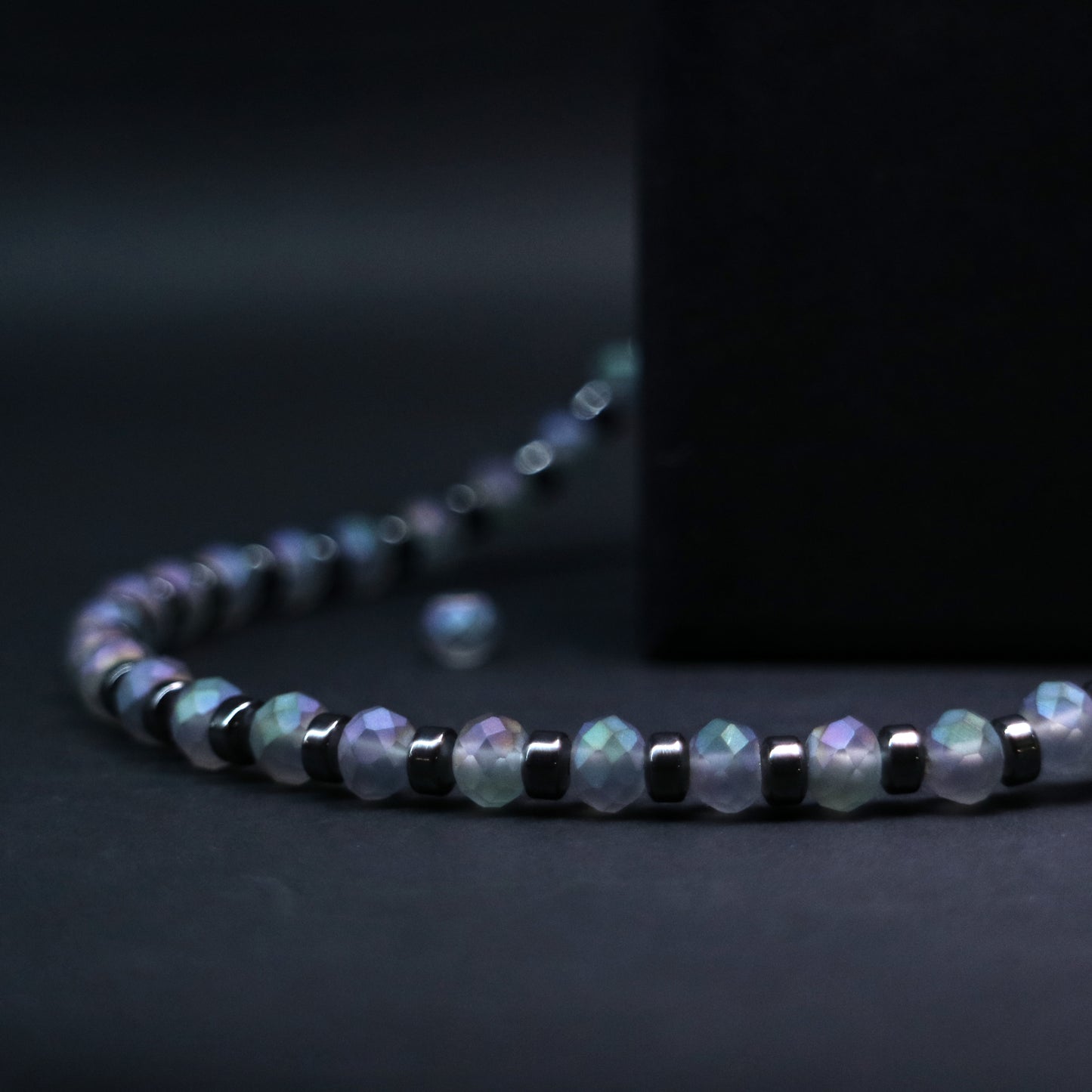 Iridescent Frost Crystal & Hematite Bead Necklace || Stainless Steel