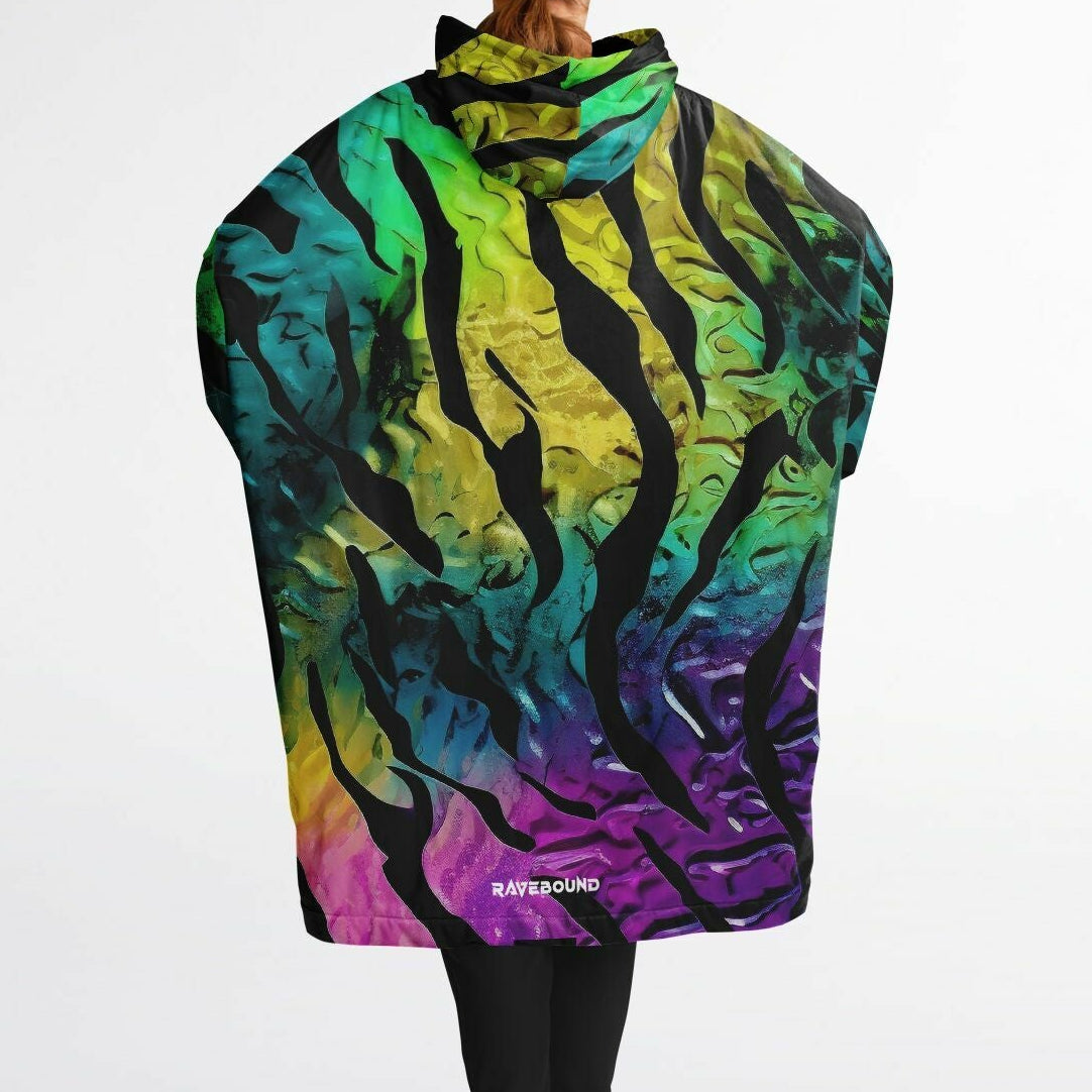 Back view on model Neon Rift hoodie close-up showing color and black pattern