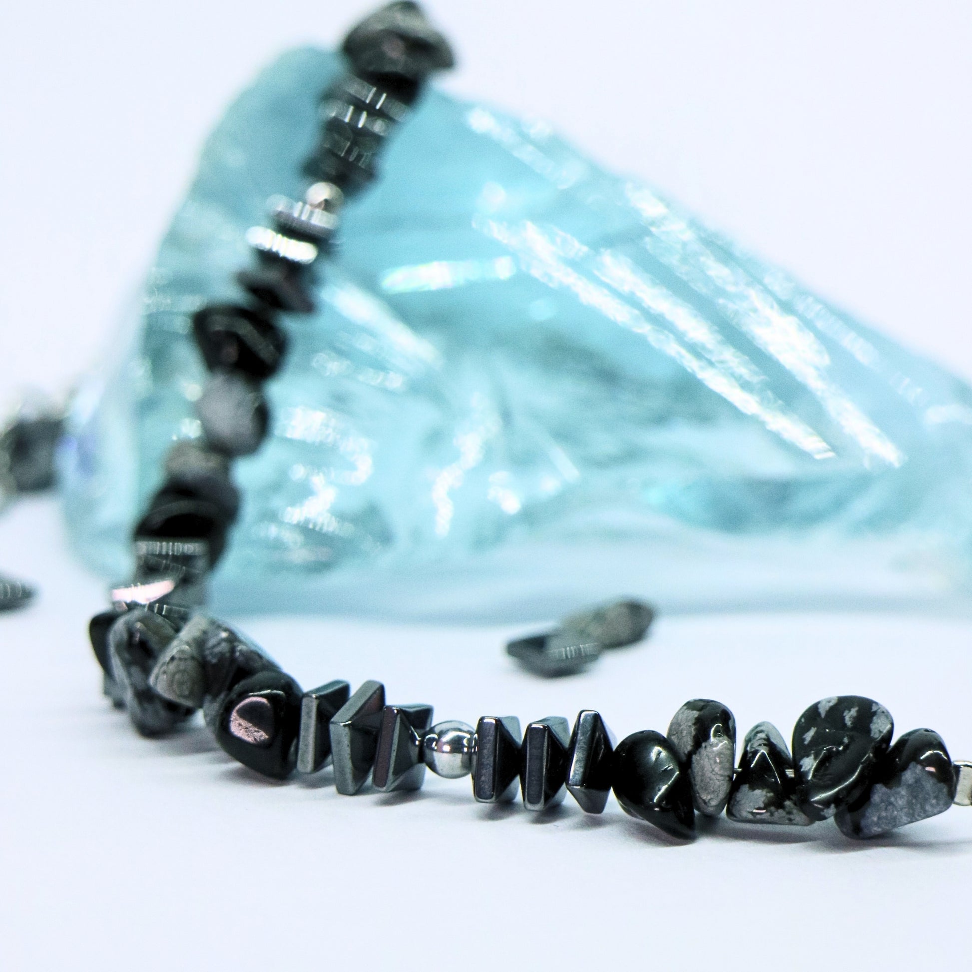 Close-up of natural stone and hematite half