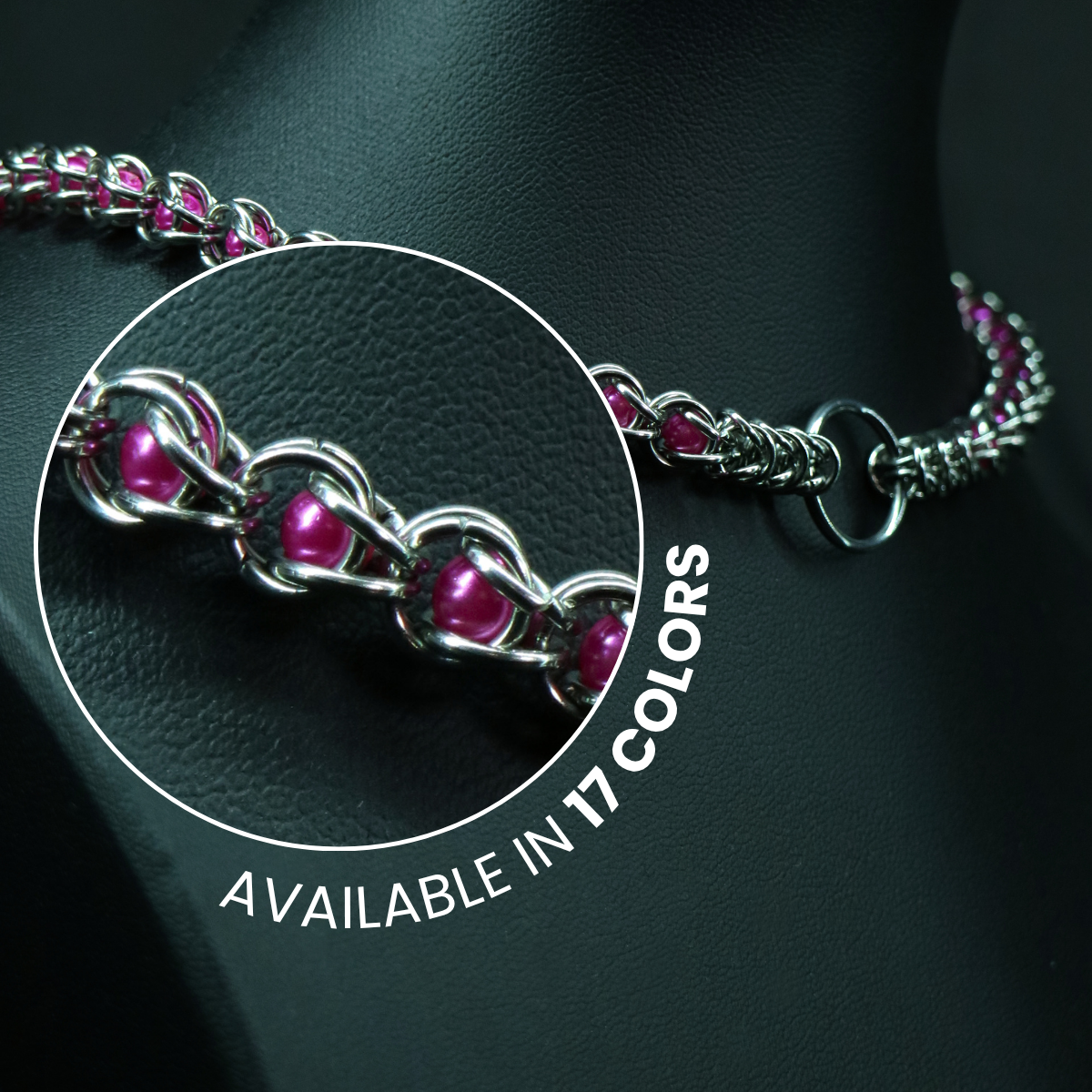 Close up of RAVEBOUND handmade bead choker with stainless-steel rings.