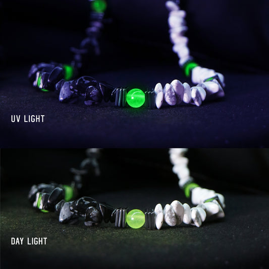 Comparison view of the black and white natural stone necklace with UV-reactive green beads shown under UV light and daylight.