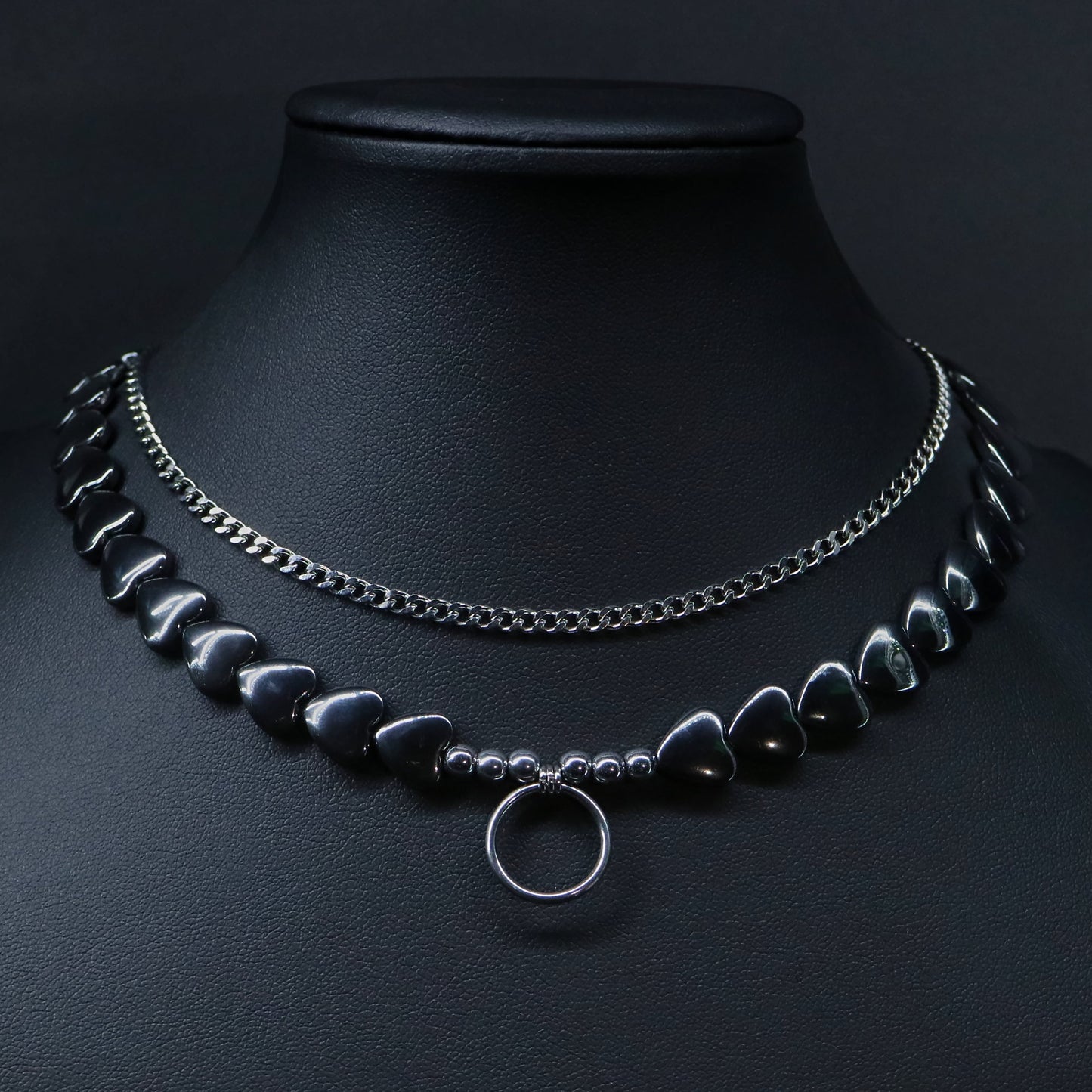 Double layer choker necklace with hematite heart beads and O-ring