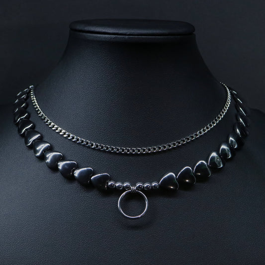 Double layer choker necklace with hematite heart beads and O-ring