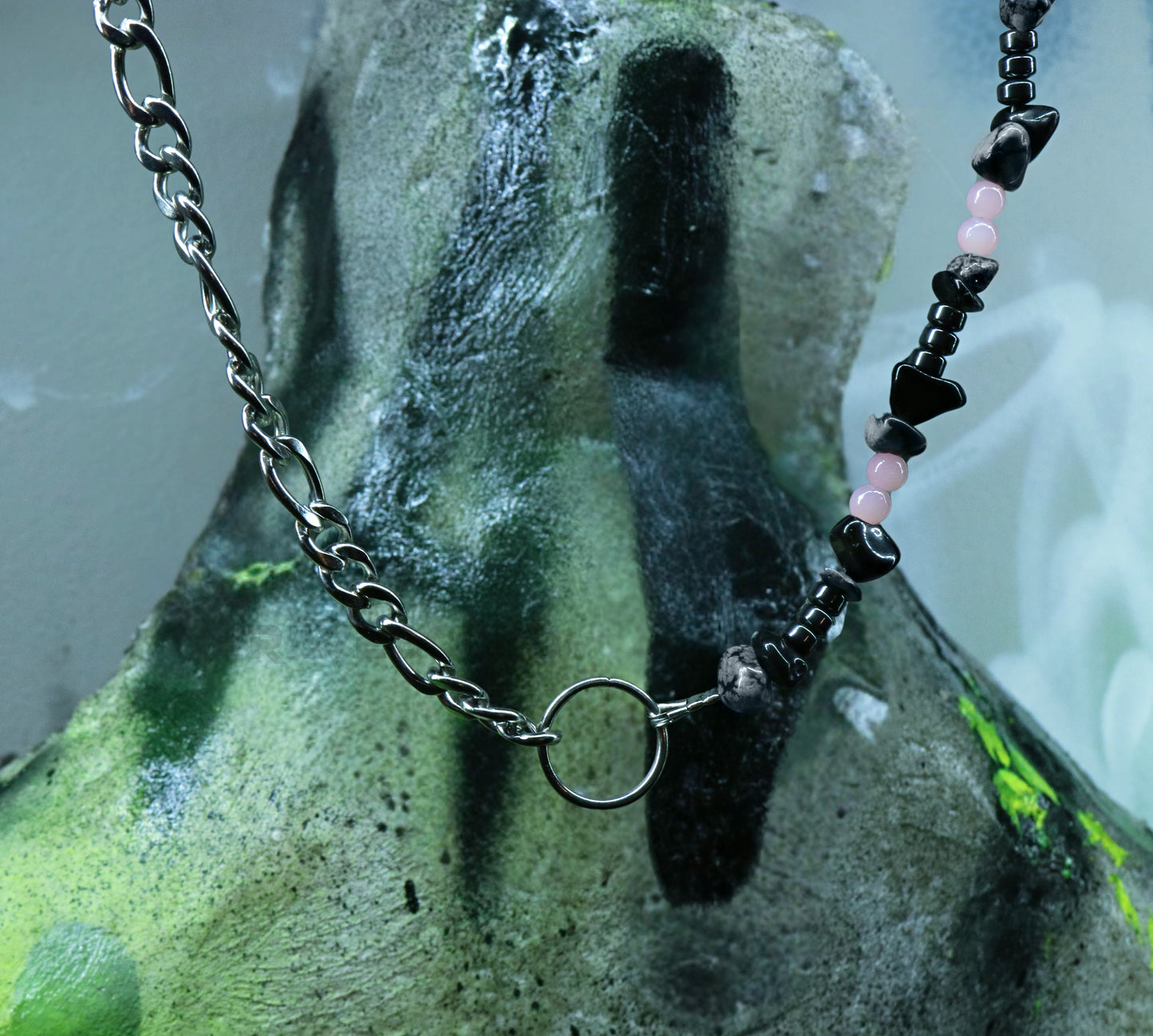 Half chain half bead necklace with pink accents and O-ring centerpiece