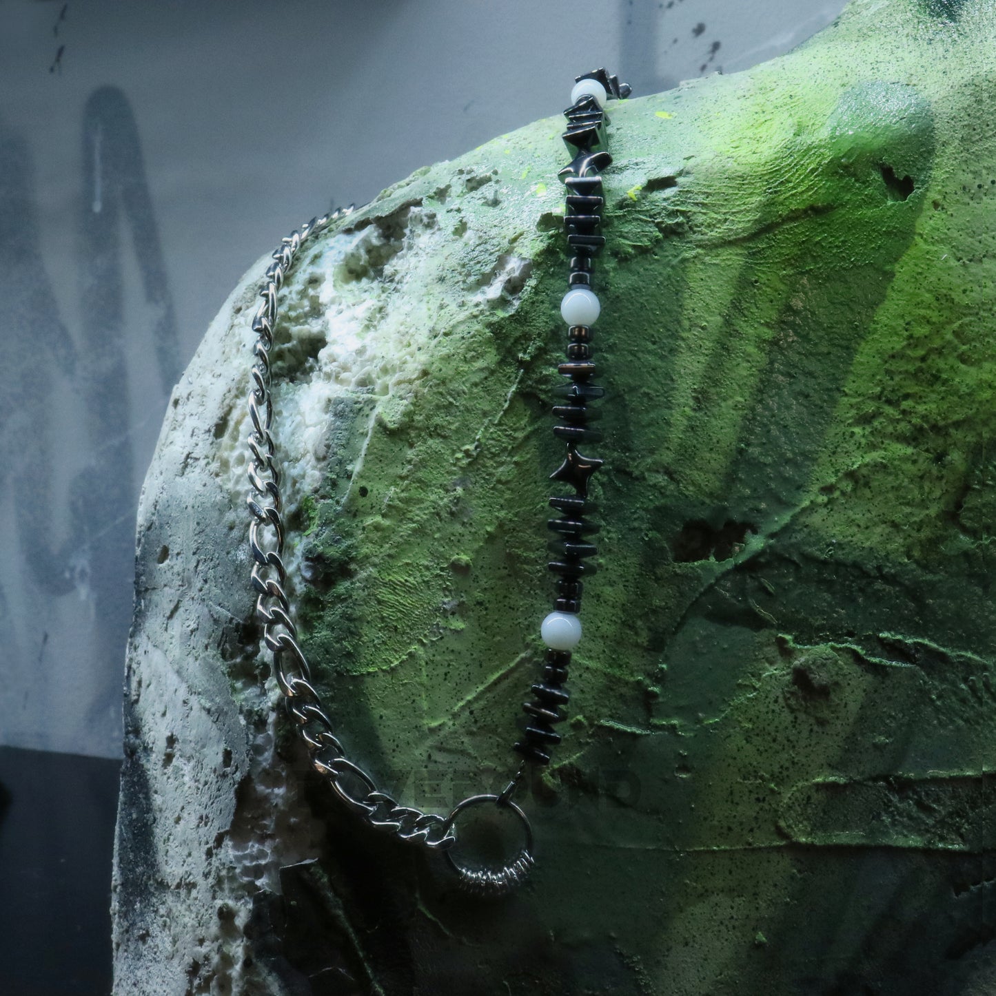 Half hematite and steel necklace with white glass beads by RAVEBOUND