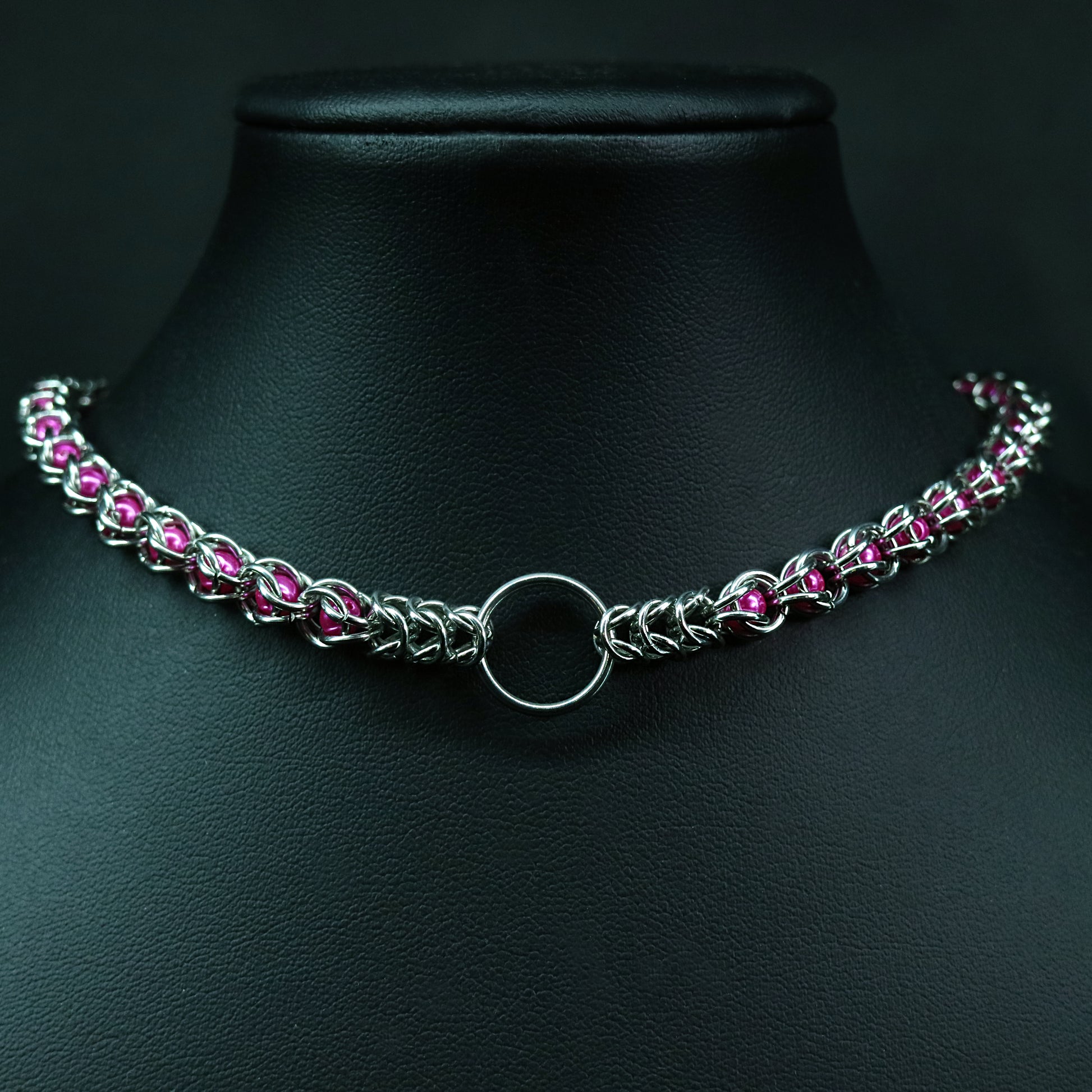 Handmade captured bead chainmail choker with pink pearls.