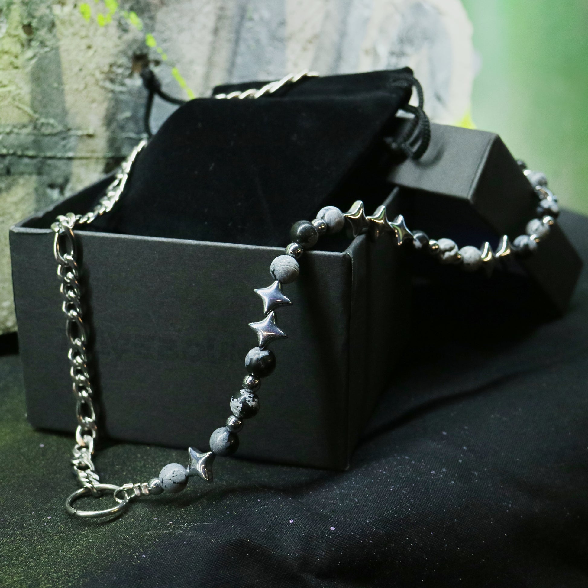 Handmade grey veined stone and silver hematite necklace