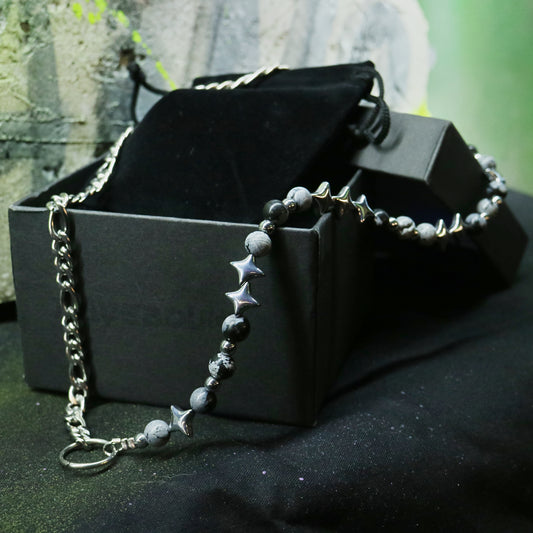 Handmade grey veined stone and silver hematite necklace