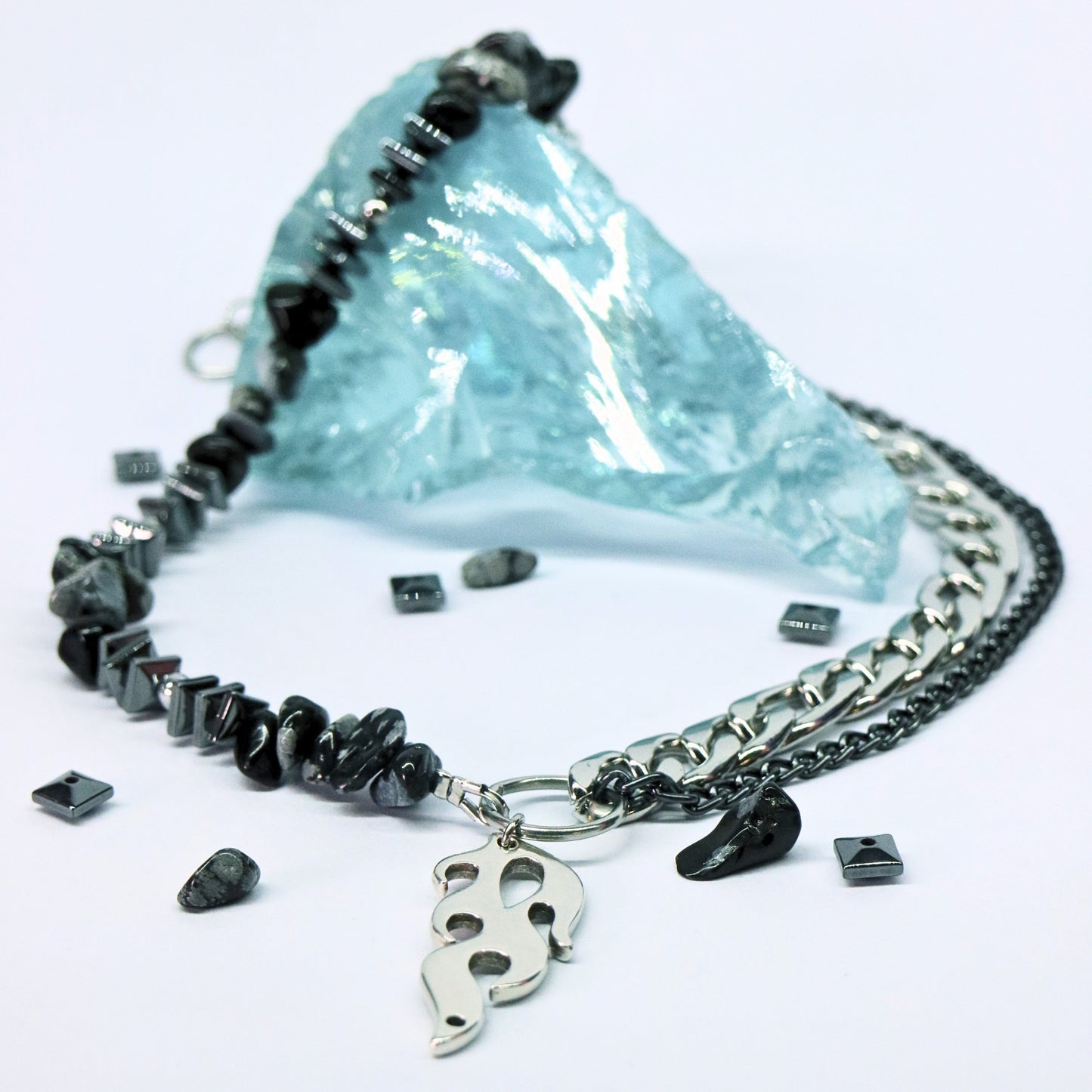 Handmade half chain and half stone flame pendant necklace with flame pendant by RAVEBOUND