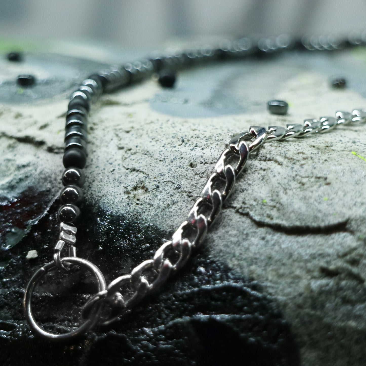 Handmade matte stone and hematite half chain necklace with steel ring