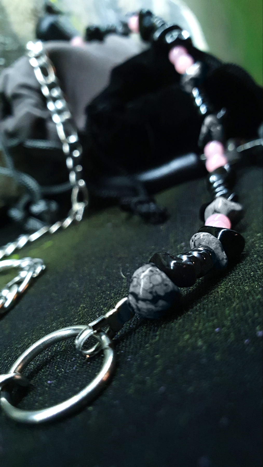 Handmade pink glass and hematite half chain necklace with steel ring