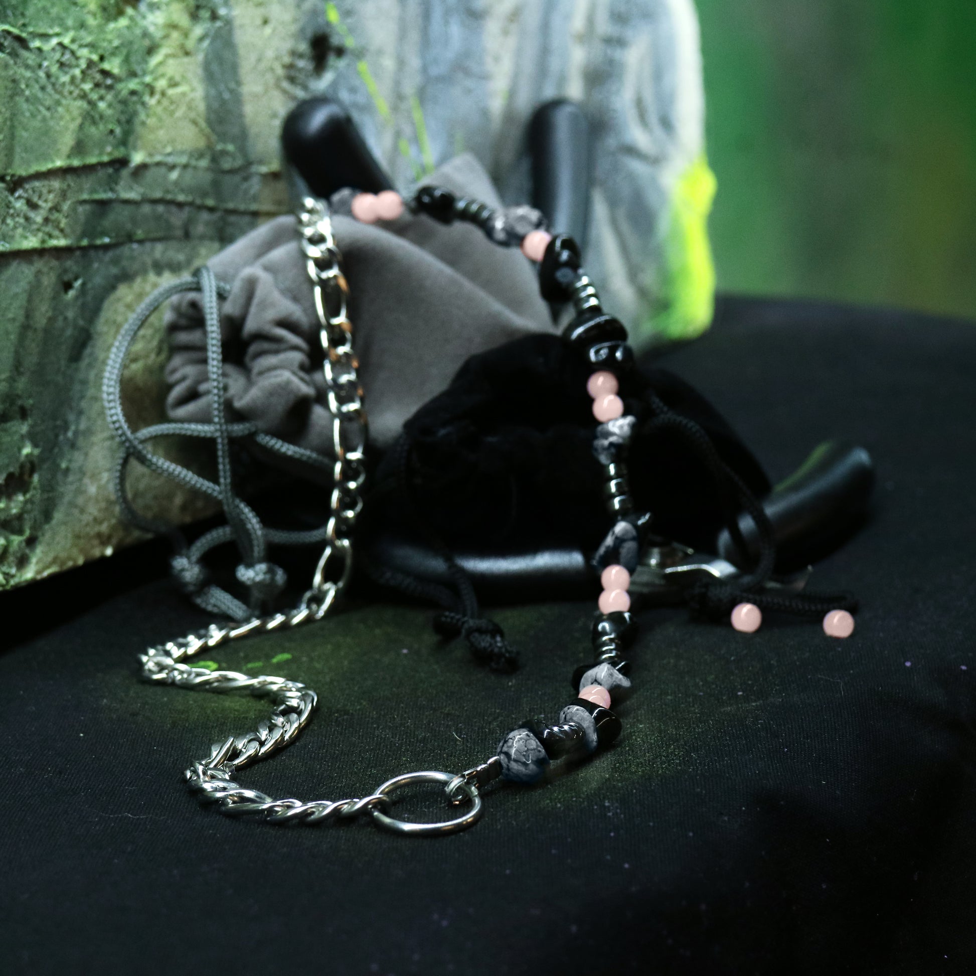 Handmade pink glass and hematite half chain necklace with steel ring 1