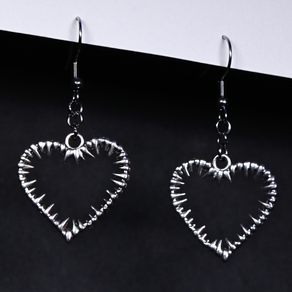 SPIKED HOLLOW HEART DROP EARRINGS - Silver Plated || RAVEBOUND