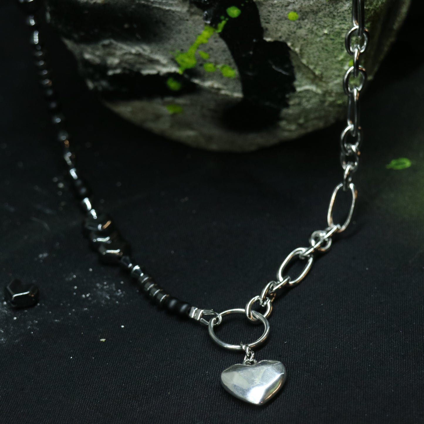 Half Hematite & Steel Necklace || Heart Pendant
