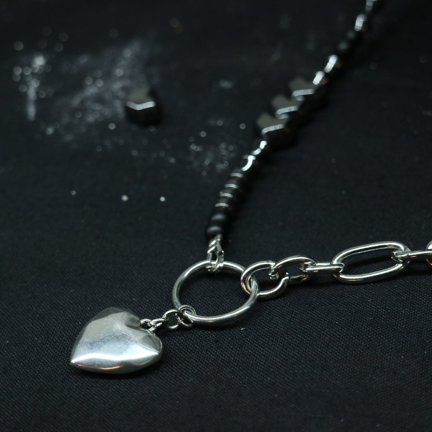 Half Hematite & Steel Necklace || Heart Pendant