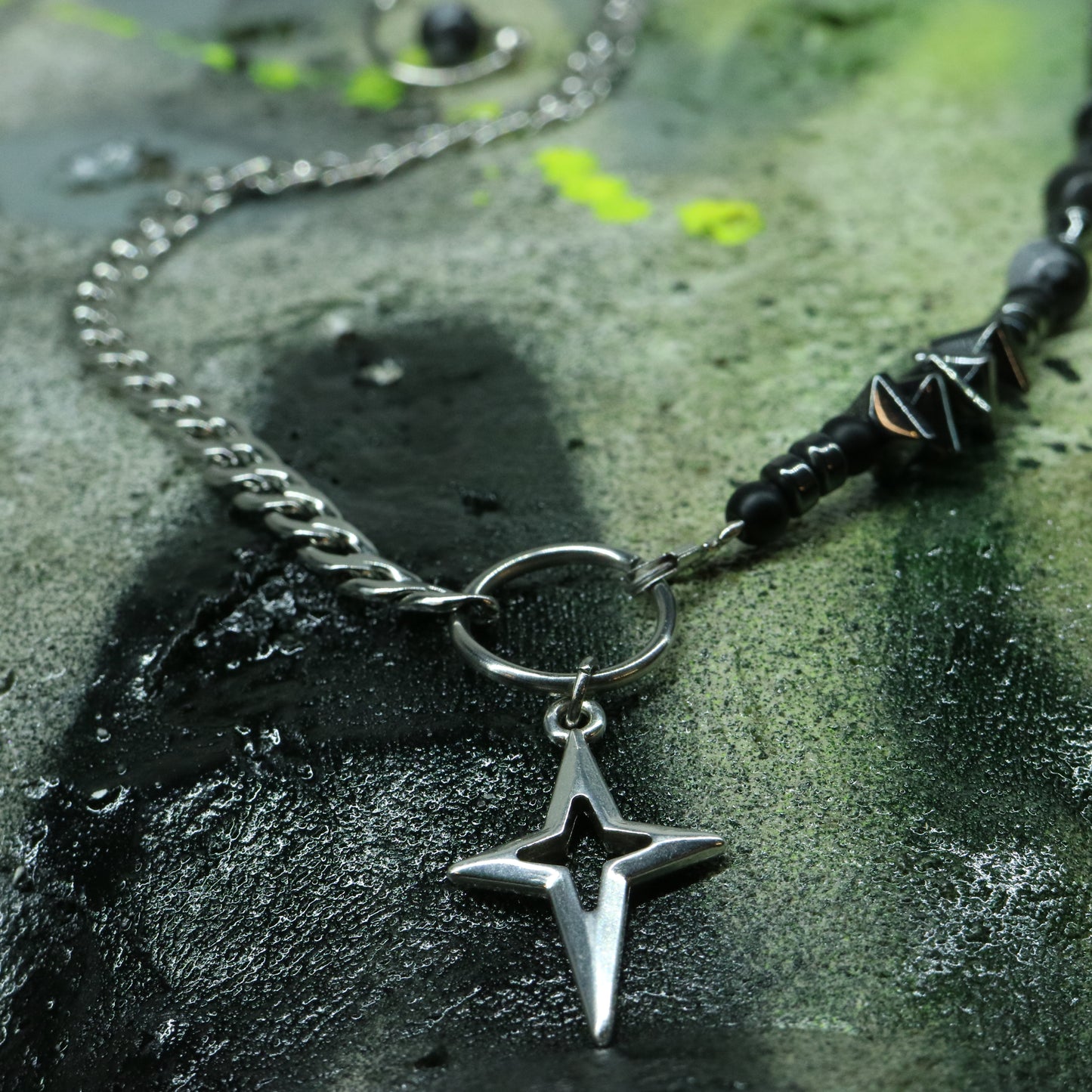Hematite & Stone Necklace || Star Cross Pendant
