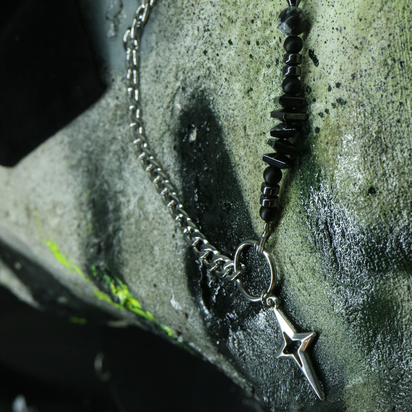 Hematite & Stone Necklace || Star Cross Pendant