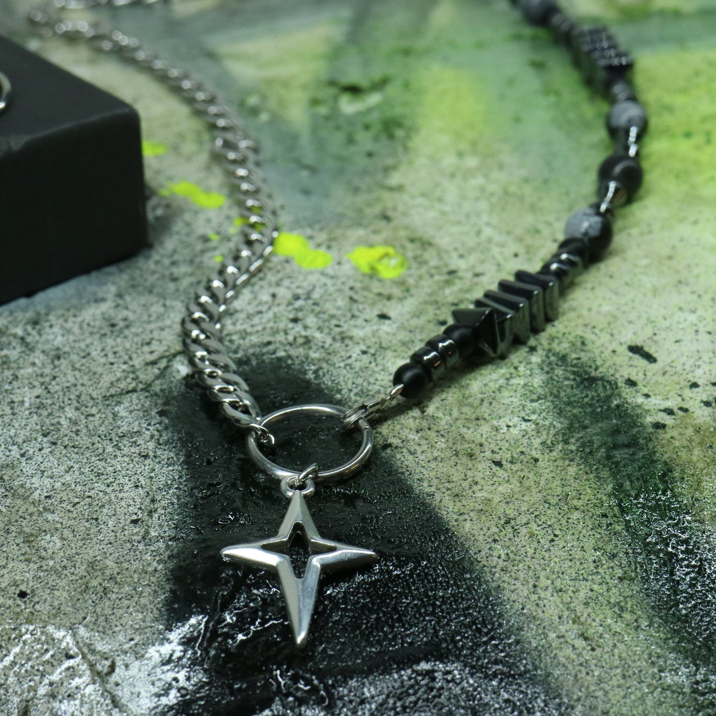 Hematite & Stone Necklace || Star Cross Pendant