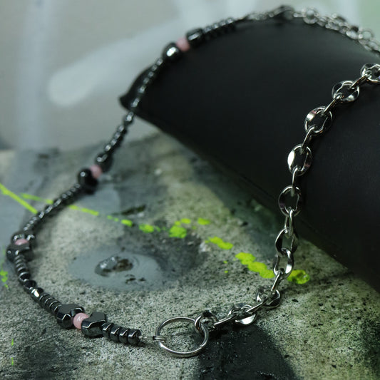 Hematite & Pink Glass || Half Chain Necklace