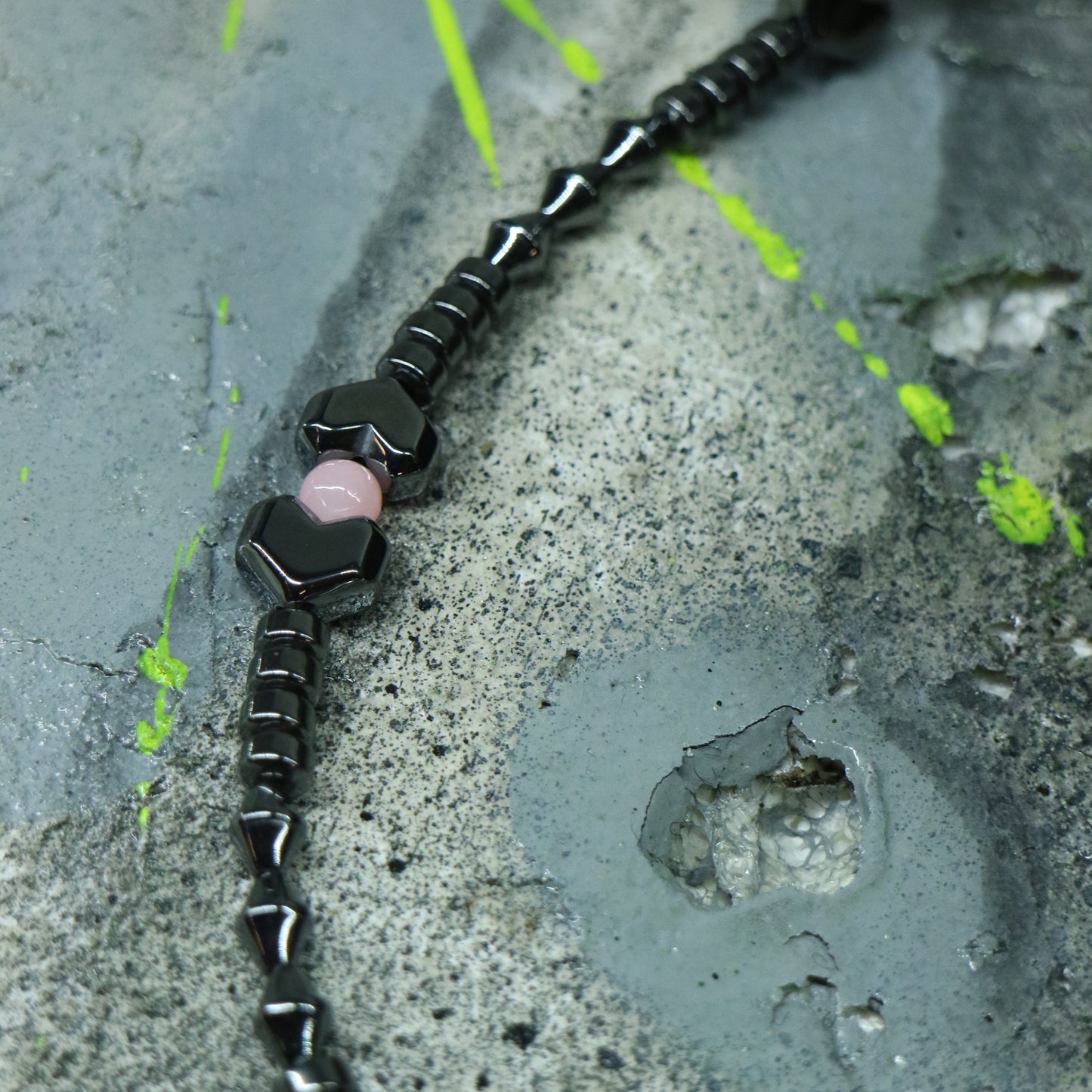 Hematite & Pink Glass || Half Chain Necklace