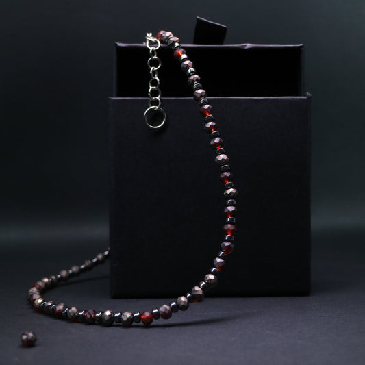 Red-Grey Frost Crystal & Hematite Bead Necklace || Stainless Steel
