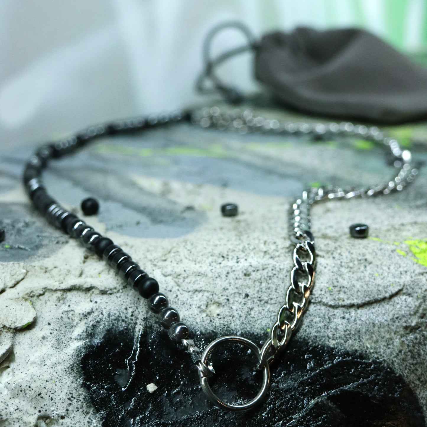 Industrial unisex hematite necklace on stainless steel chain