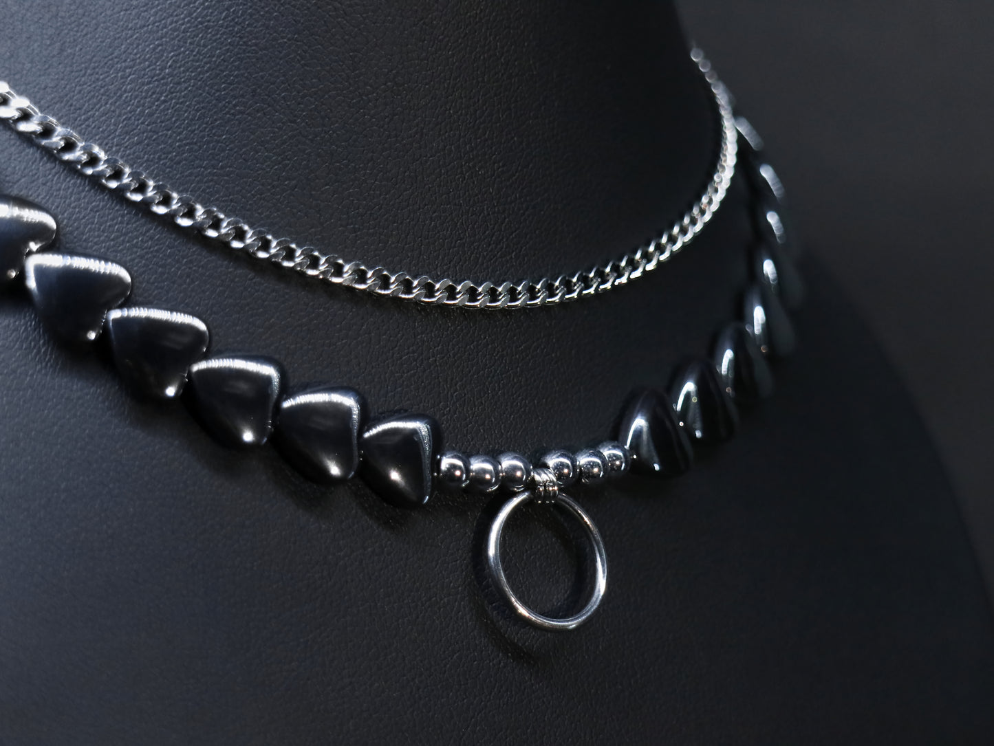 Minimal underground double layer necklace Hematite bead necklace with stainless steel chain