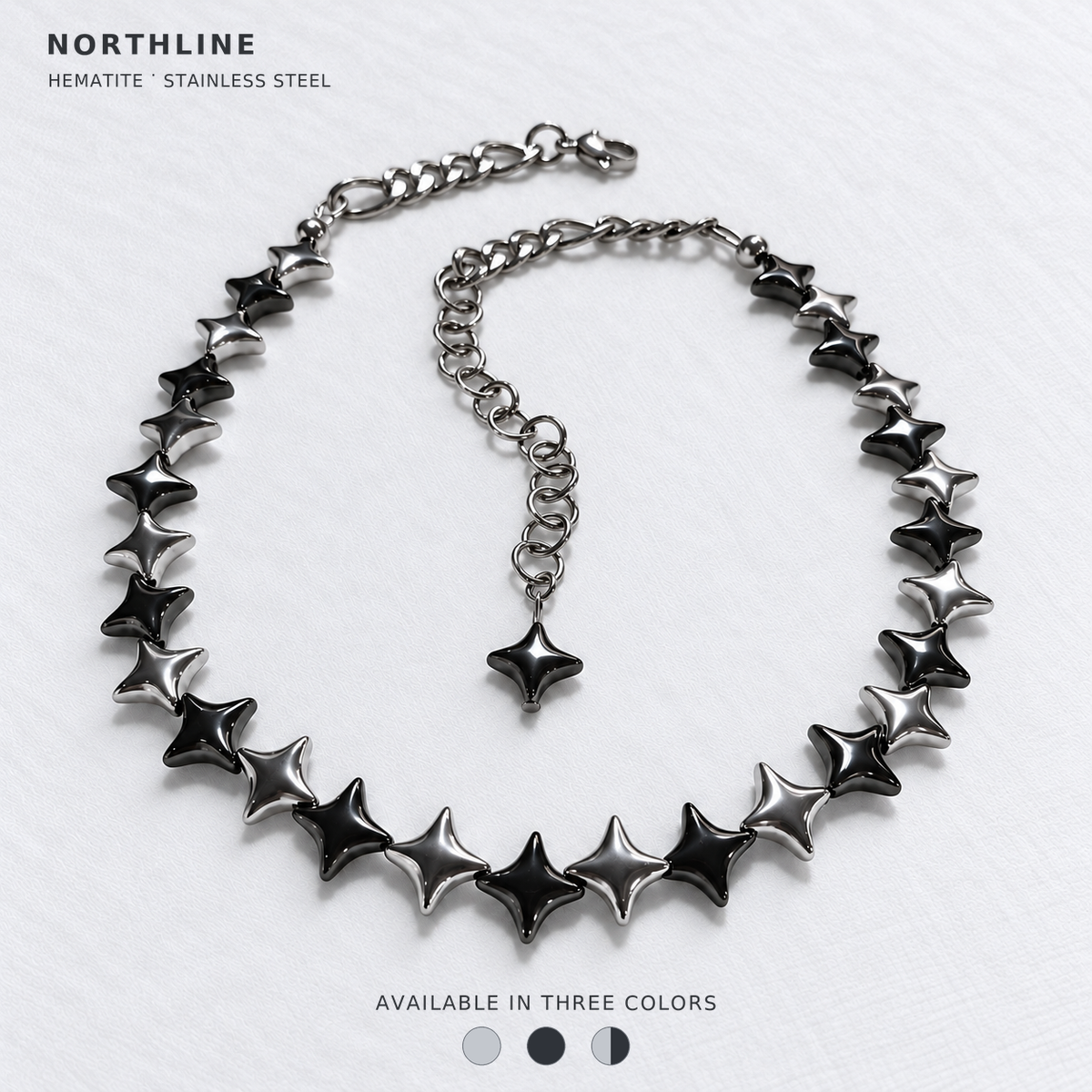 NORTHLINE Mixed choker with alternating silver and gunmetal North Star hematite beads and stainless steel chains. Cover shows Available in Three Colors with Silver, Gunmetal and Mixed swatches.