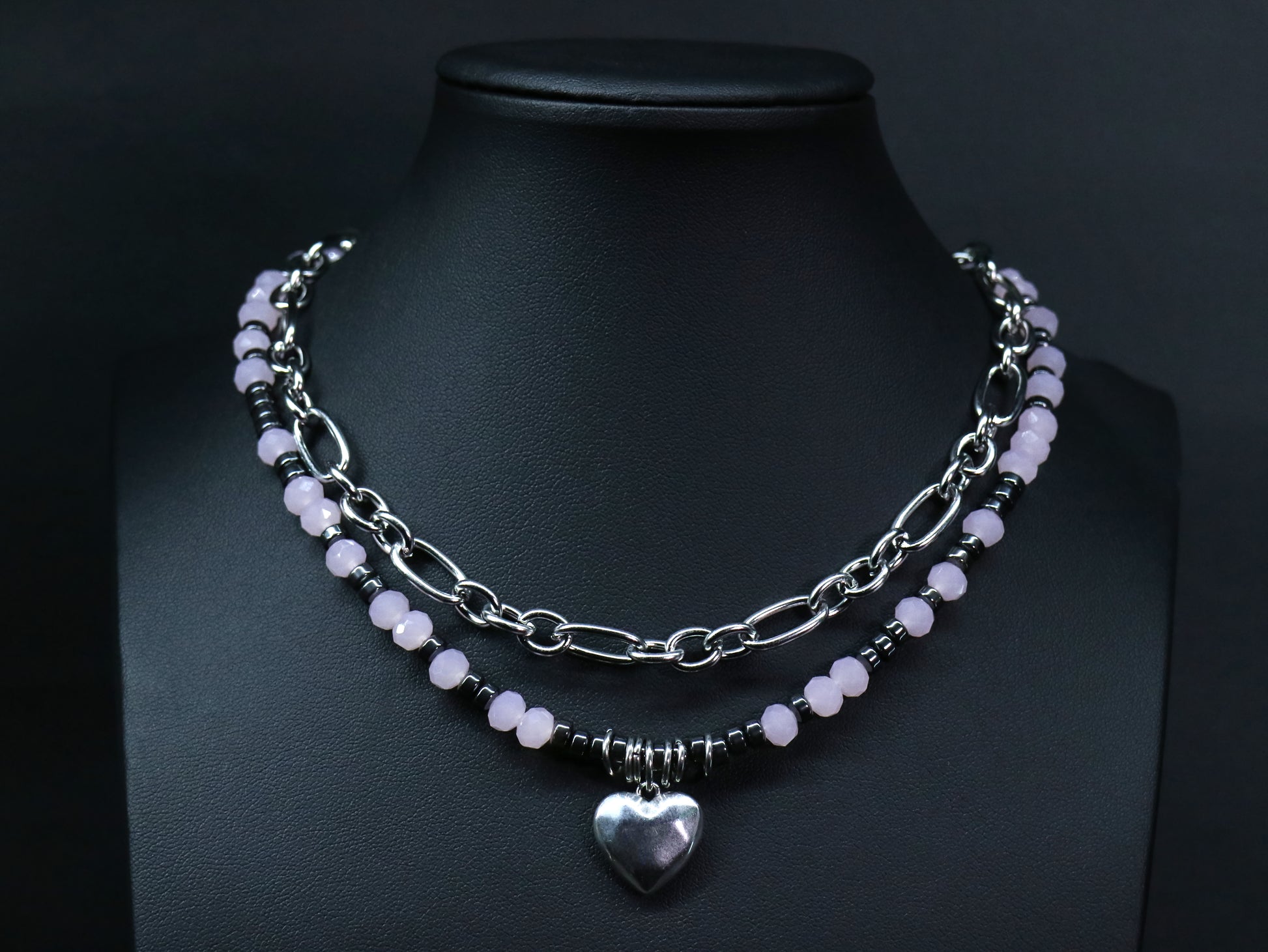 Stainless steel choker layered necklace with heart detail