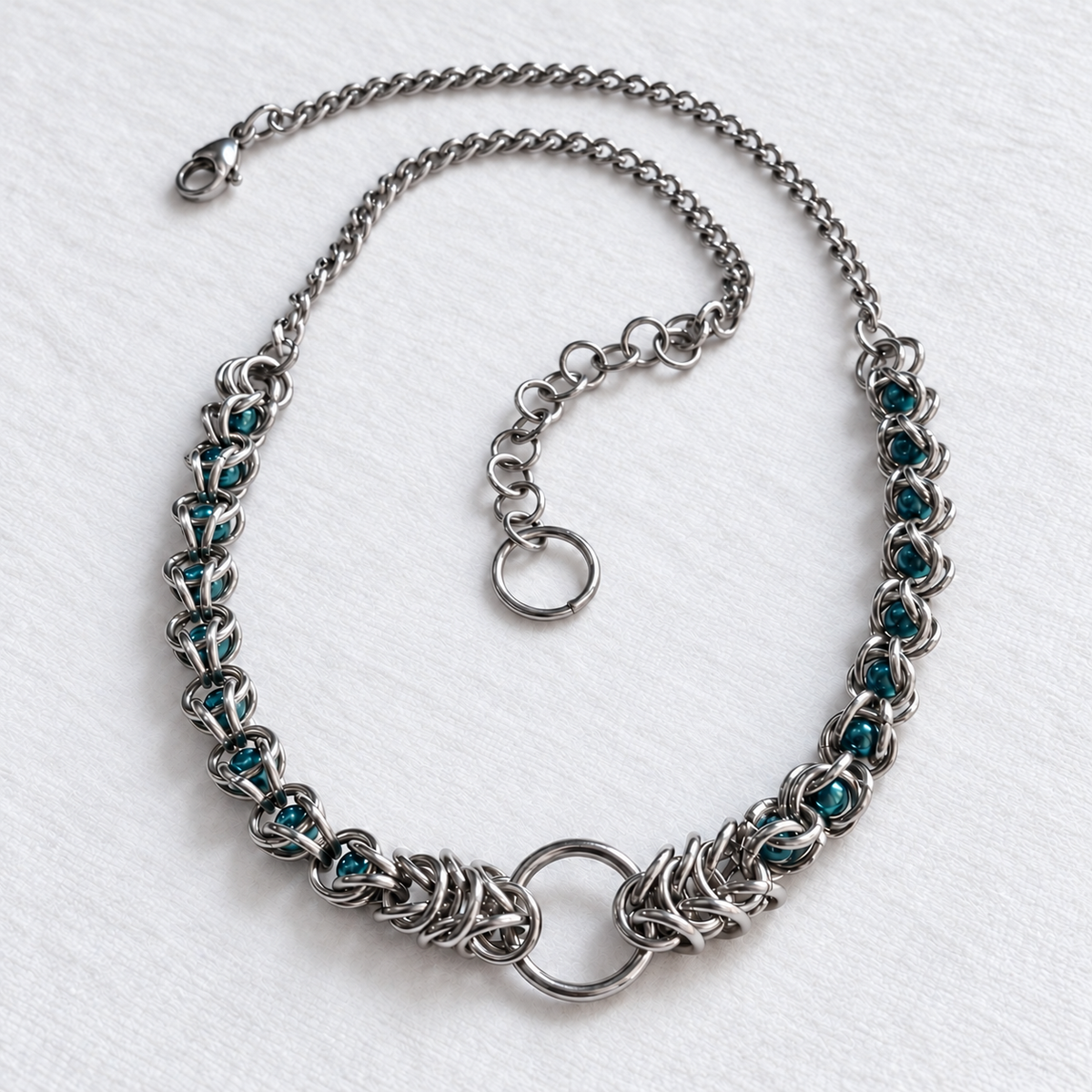 ECHO teal glass pearl and stainless steel chainmail choker, full necklace with front O-ring.