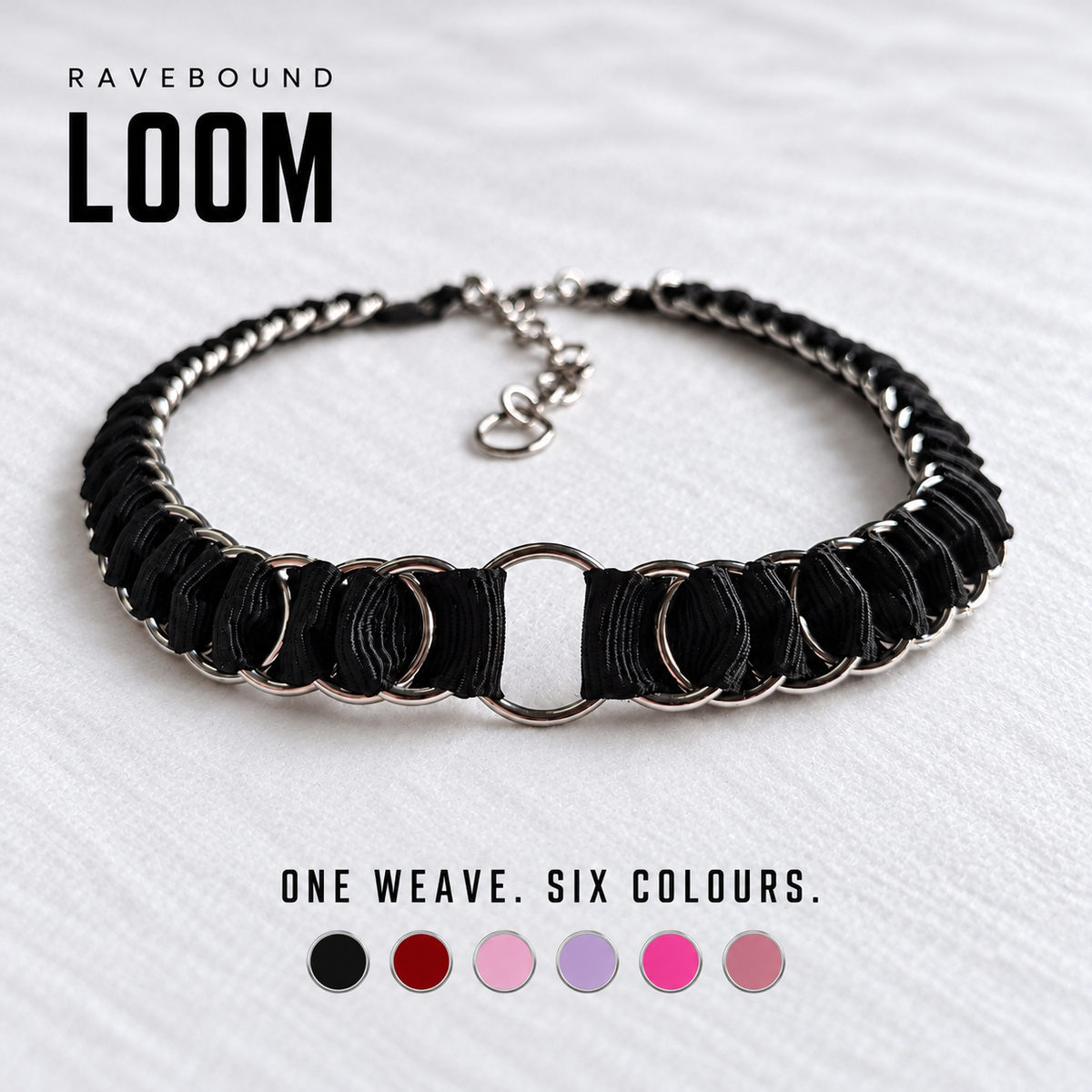 Black LOOM ribbon chainmail choker with stainless steel O-ring on white fabric, with six colour swatches: black, red, baby pink, lilac, Barbie pink and dusty pink.