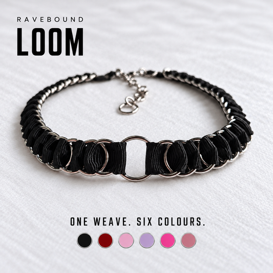 Black LOOM ribbon chainmail choker with stainless steel O-ring on white fabric, with six colour swatches: black, red, baby pink, lilac, Barbie pink and dusty pink.