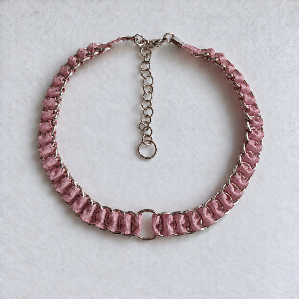 Full LOOM dusty pink fabric ribbon chainmail choker with stainless steel rings, central O-ring, clasp and extension chain.