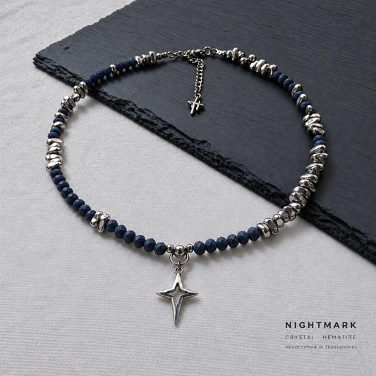 NIGHTMARK matte midnight blue crystal and silver hematite necklace with a silver-plated North Star pendant, with NIGHTMARK and materials text at the bottom right.
