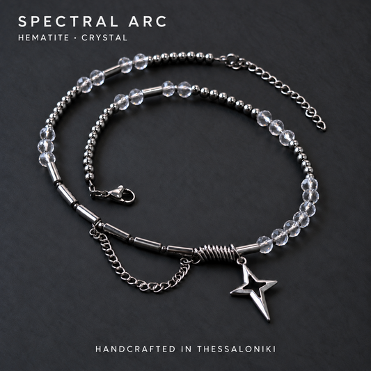 SPECTRAL ARC crystal and silver hematite necklace with a silver-plated North Star pendant, shown on charcoal with the text Hematite · Crystal and Handcrafted in Thessaloniki.