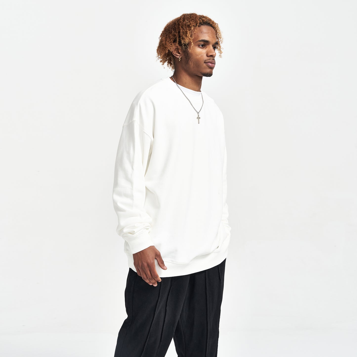 Model in CANDY TRIP (BACK PRINT) - Unisex Oversized Sweatshirt - white