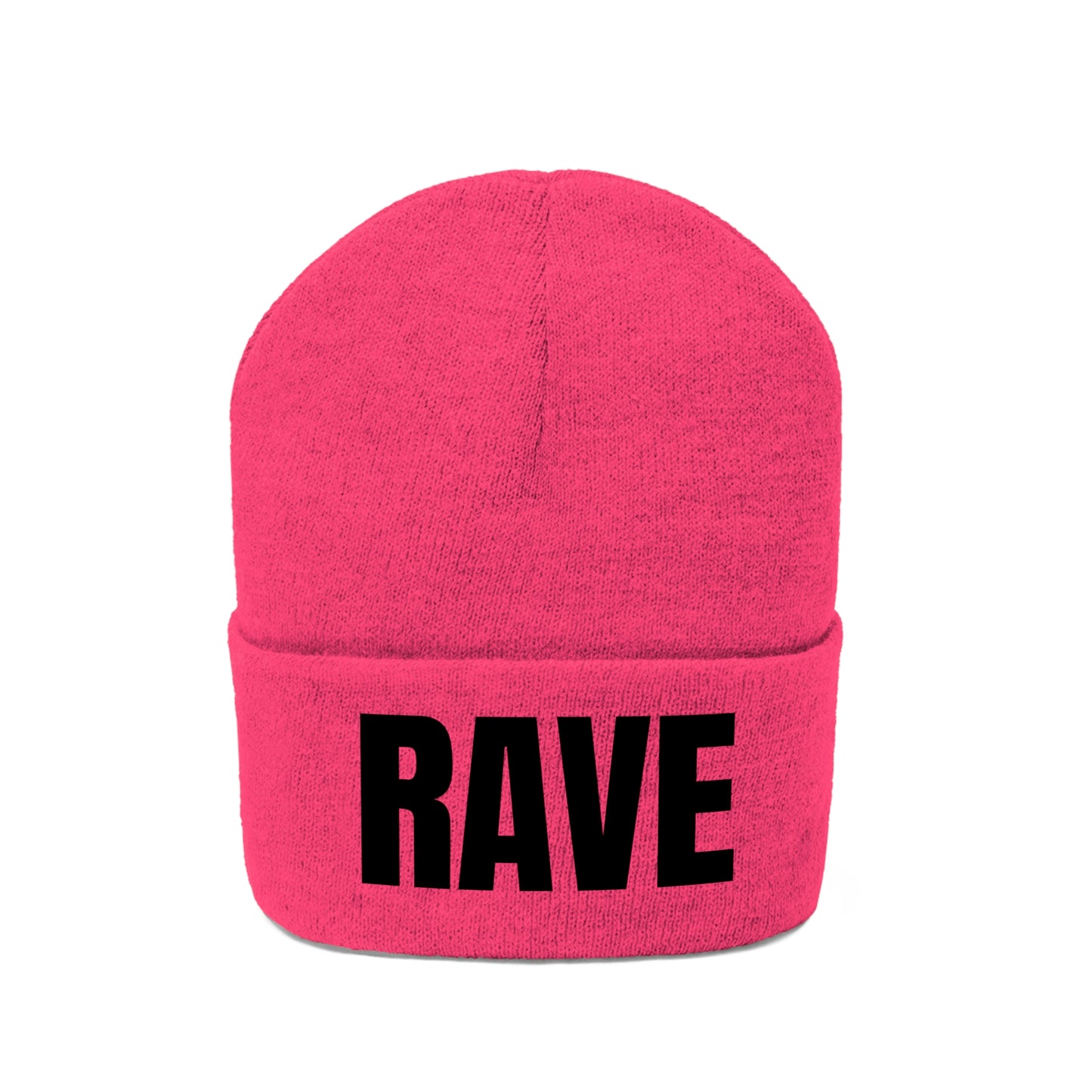 NEON PINK BEANIE, BLACK CAPITAL RAVE EMBROIDERY