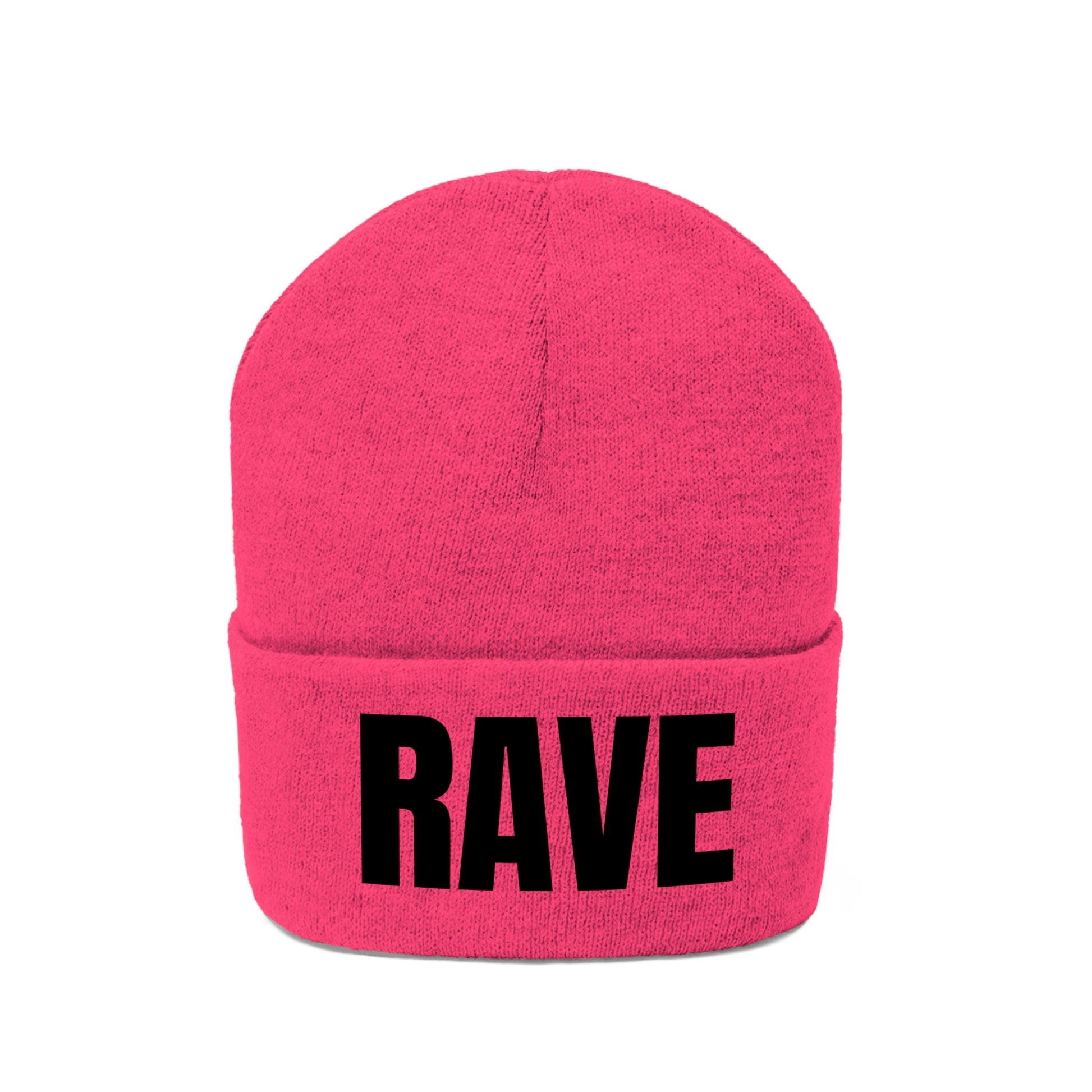 NEON PINK BEANIE, BLACK CAPITAL RAVE EMBROIDERYRAVE - Knit Beanie